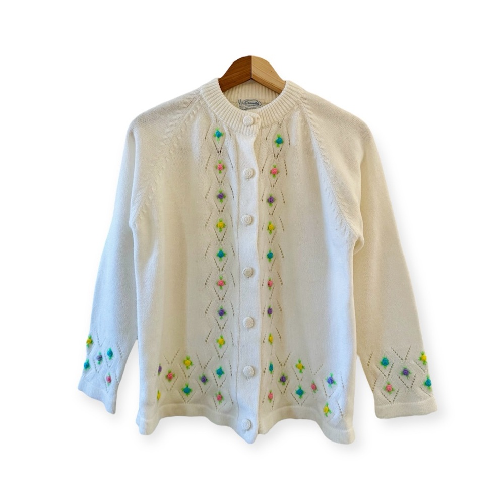 Vintage 1970s Embroidered Floral Knit Grannycore Cardigan Sweater, Button Front - Picture 17 of 17
